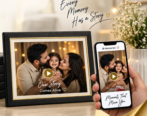 A framed family photo with a play button, and a phone playing the same moment as a video