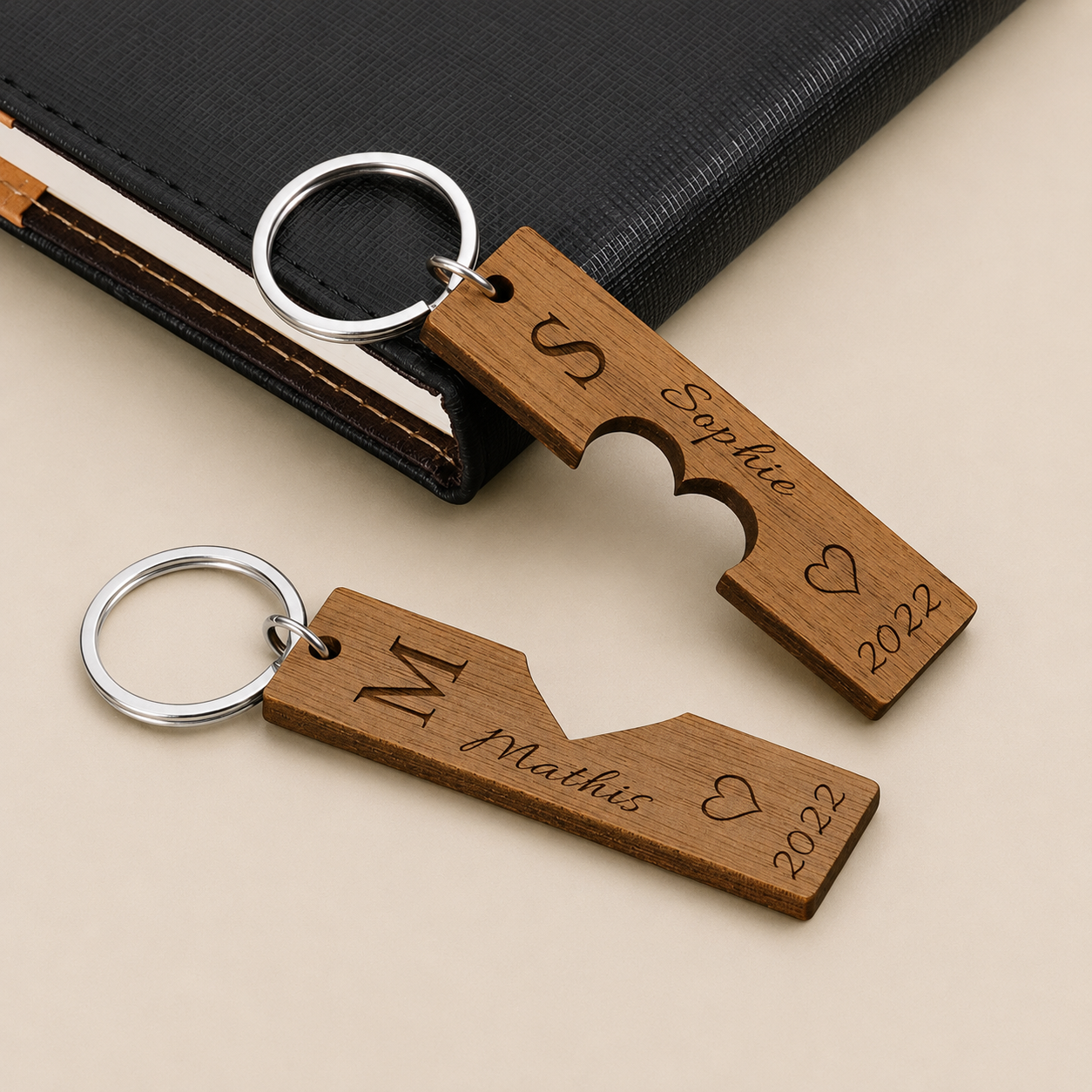 Personalized Couple Puzzle Wooden Keychain Set with Custom Names