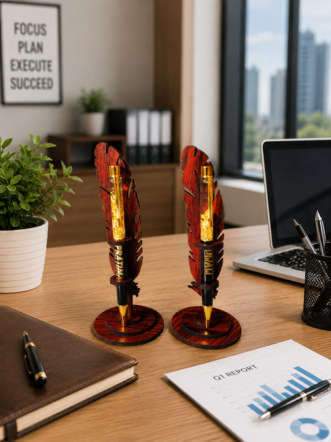 Personalized Wooden Feather Pen Stand with Crystal Ball Pen | Custom Name Desk Organizer